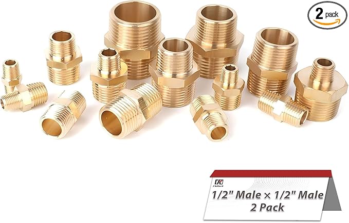 Hex Couplings, 1/2" NPT Male To Male Brass Hex Nipple Adapters, Brass Pipe Extension Fittings for Oil/Air/Water/Gas Systems. (2 Pack)
