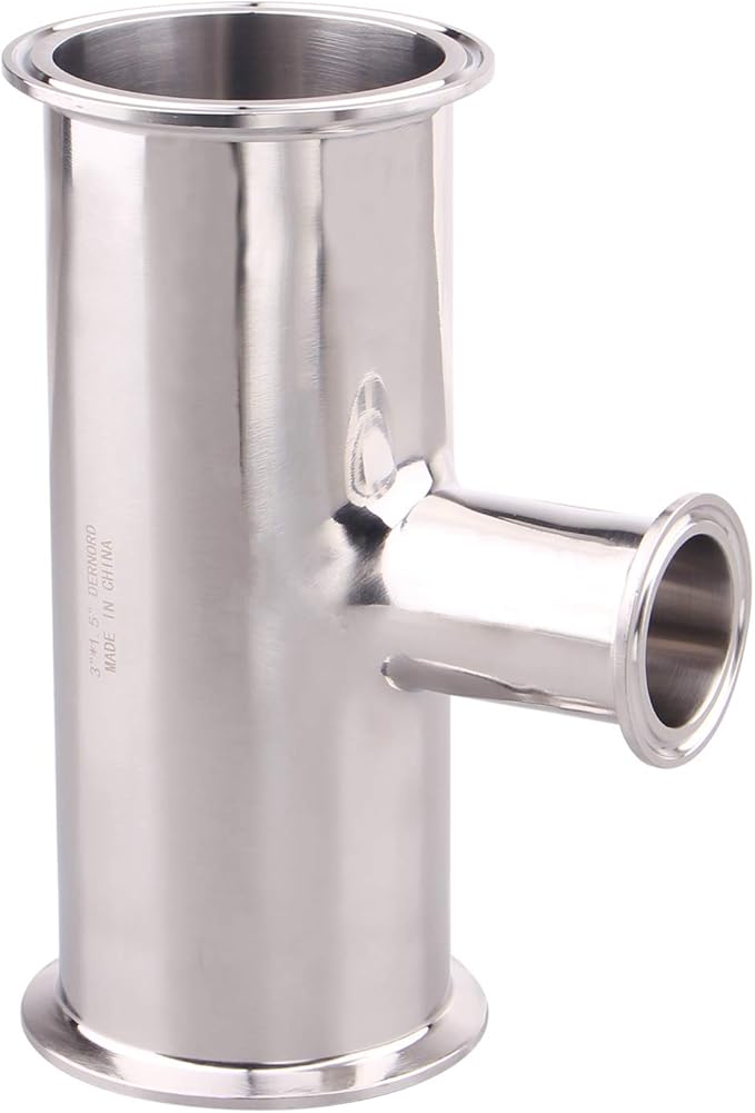 DERNORD Reducing Clamp Tee 3 Way Stainless Steel 304 Sanitary Fitting (3 inch x 3 inch x 1.5 inch)