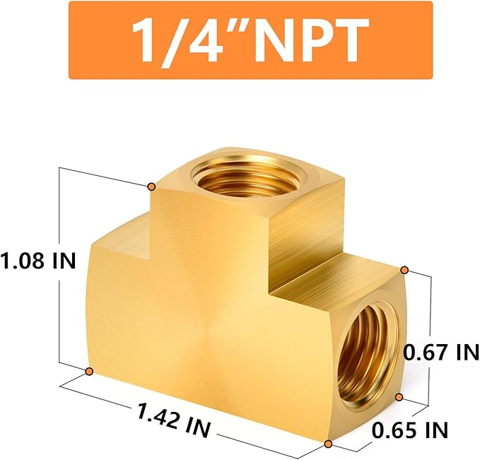 GASHER 5 Pcs Brass Barstock Tee, 1/4" x 1/4" x 1/4" NPT Female Pipe Fittings
