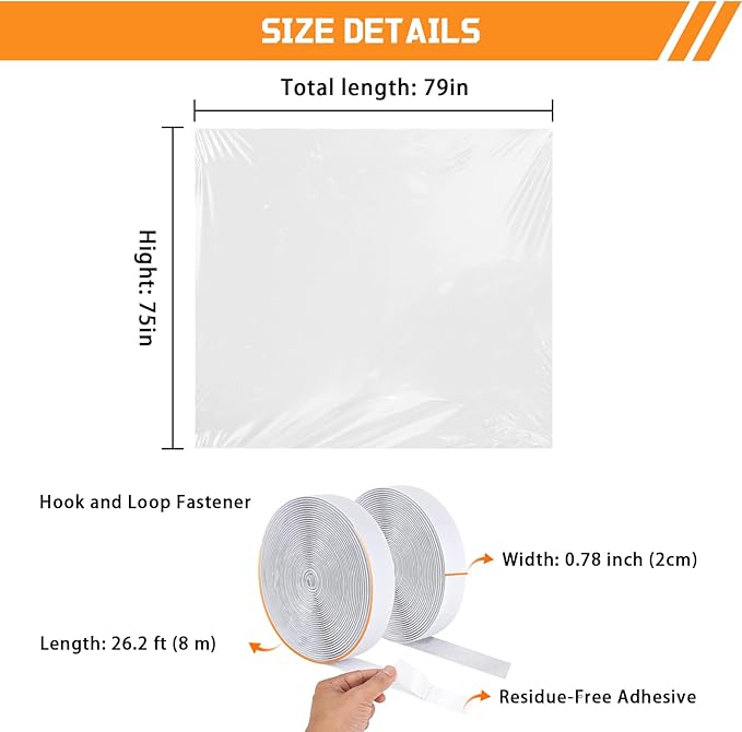 Heavy Duty Window Insulation Kit for Winter - 75 in x 79 in Clear Plastic 180㎛ Thick Shrink Film on Windows and Patio Doors, Reusable Storm Window Kit for Sliding Doors & Large Windows