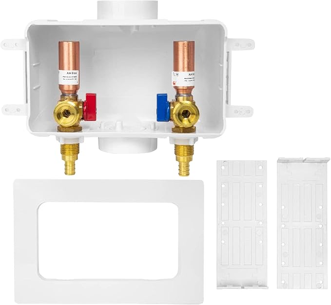 Washing Machine Outlet Box, Center Drain, 1/2 Inch Pex Crimp Inlet x 3/4 Inch MHT Outlet Connection, with Copper Water Hammer Arrestor (Pack of 50)