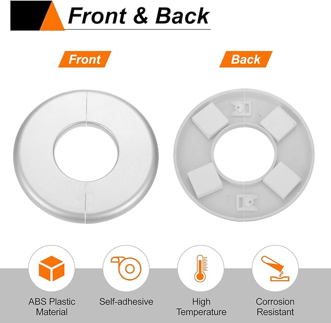 HARFINGTON 4pcs Wall Split Flange 22.5mm/0.9" Self-Adhesive Plumbing Cover Plates ABS Plastic Round Escutcheon Plate Buckle Design for Water Pipe Bathroom Kitchen Decoration, Silver Tone