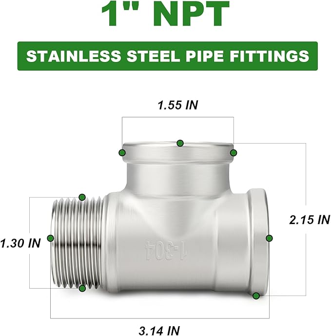 TAISHER 2PCS 304 Stainless Steel Tee Pipe Fittings, 1" NPT Female x 1" NPT Female x 1" NPT Male Pipe Fittings, Male Run Tee