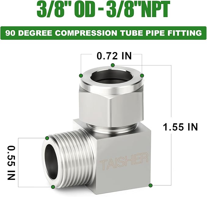 TAISHER 2PCS 304 Stainless Steel Square 90 Degree Compression Tube Pipe Fitting Connector, 3/8" Tube OD x 3/8" NPT Male Adapter