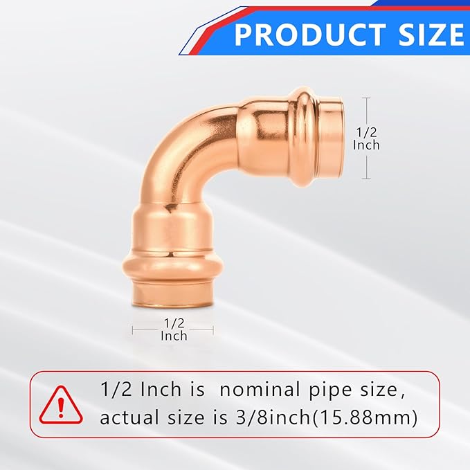 (10-Pack YVSKM) Copper Press 1/2" Long Radius Elbow Fittings,90° Copper Pipe Fittings for Water Supply, Plumbing & Hydronic Heating|Press Connect Elbow Compatible with ProPress & Standard Press Tools