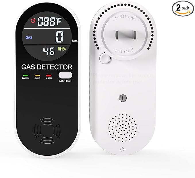 Natural Propane Gas Detector,3 in 1 Plug-in Combustible Gas Leak Detector Monitor(Gas, Temperature and Humidity Display) for Home & RV Leak Alarm for LNG, LPG, Methane-2Pcs