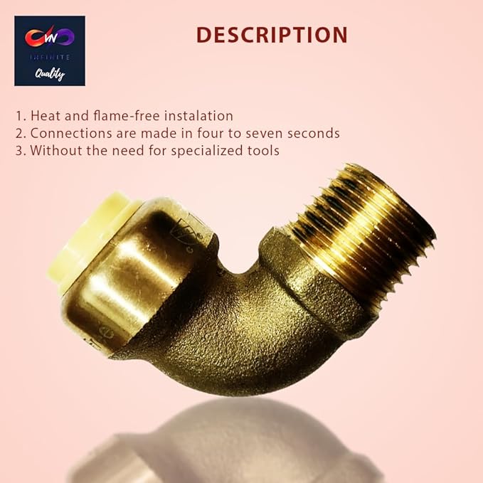 Push fit fittings 1/2 Inch x 1/2 Inch - Push-fit male adapter elbow - Male NPT Threaded Elbow - Push to Connect Pex Copper CPVC - No Lead Brass (Pack of 20)