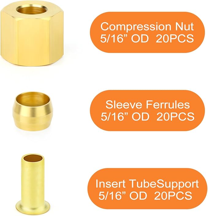 GASHER 60PCS Brass Compression Fitting Kit,Sleeve Ferrules&Insert Tube Support&Ferrule head,5/16" Tube OD