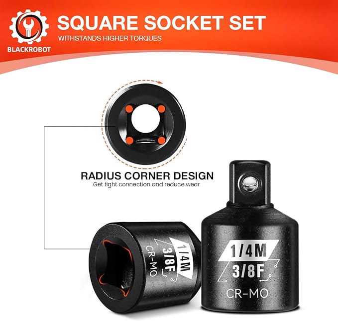 BLACKROBOT 2 Piece 3/8”F To 1/4”M Impact Socket Adapter Set,SAE Drive Cr-Mo Steel Exceeds ANSI Standards,Square Drive Reducer for Impact Driver Wrench