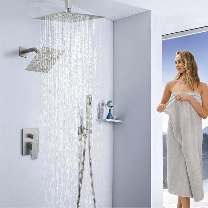 Shower Faucet Set Brushed Nickel Shower System, Knob Switch Diverter Shower Faucet with High Pressure Handheld Spray, Ceiling Mount 12 Inch Shower Head with 6 Inch Wall Mount Shower Head