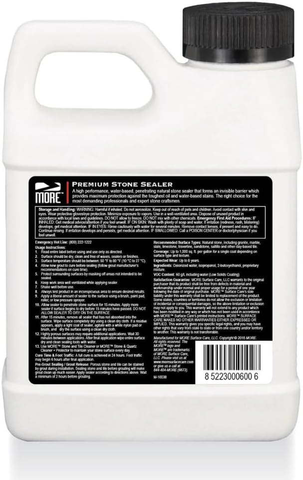 MORE Premium Stone Sealer - Water Based Formula - Protection for Natural Stone and Tile Surfaces [Pint / 16 Oz.]