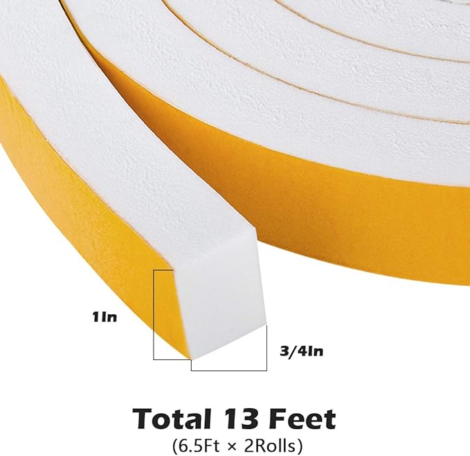 White Door Window Weather Stripping Self Adhesive Foam Tape 1 in × 3/4 in × 13 Ft, High Density Foam Sealing Strip Window Insulation Weatherproof Gasket Tape for Doors and Windows
