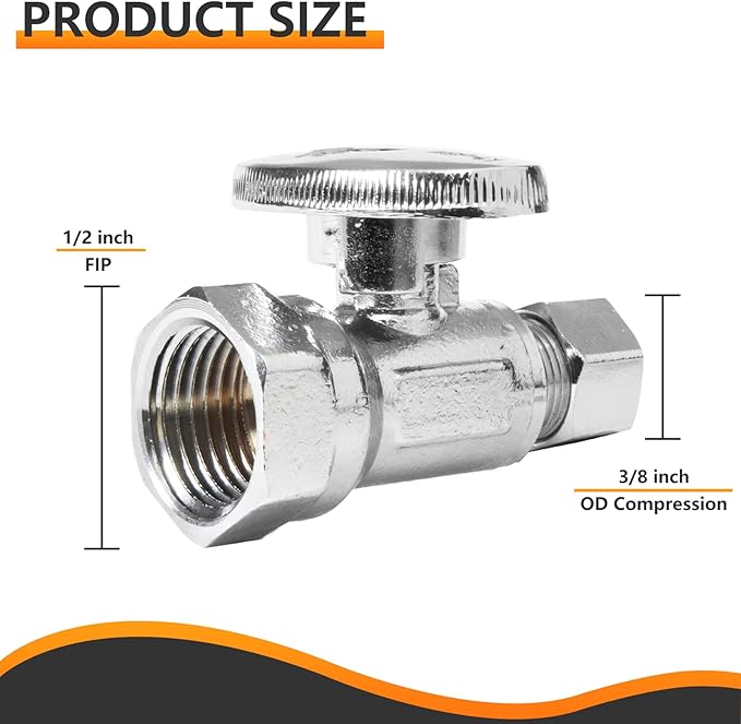 50-PCs HeSun Straight Stop Valve, 1/2" FIP X 3/8" OD Compression, 1/4 Turn Shut Off Valve, Chrome Plated Brass(VALVE057-50)