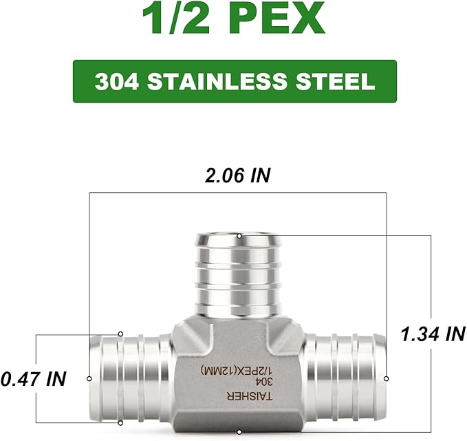 TAISHER 1PCS 304 Stainless Steel Tee Pex Fittings, 1/2" Pex Fitting With 3PCS Hose Clamp For Pex Tubing Pipe
