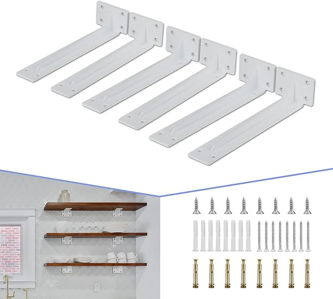 CLT Shelf Bracket( White) , 18” Quarter Inch (1/5") Thick- Max Load: 550 lb Rustic Industrial Modern Farmhouse Heavy Duty Corner Brace Joint Right Angle Bracket for DIY Table Bench, Pack of 6