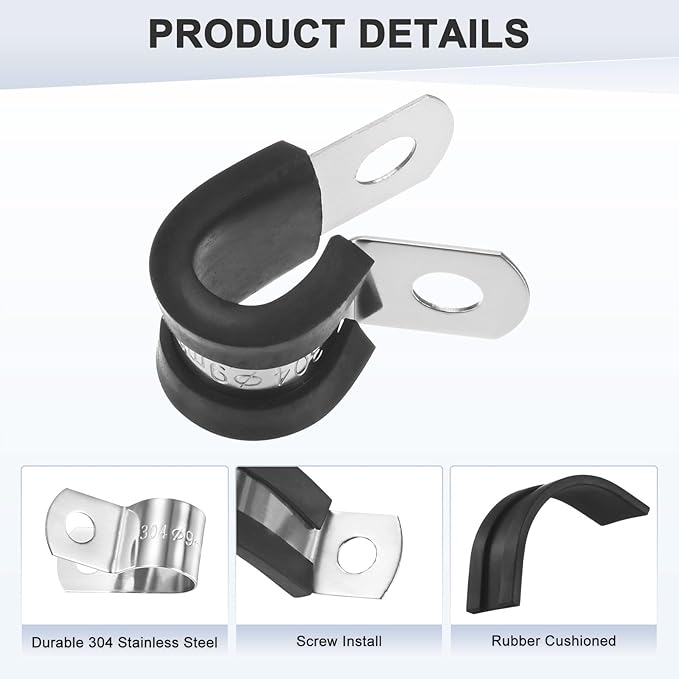 12-Pack Cable Clamps, 23/64 Inch/ 9 mm 304 Stainless Steel Rubber Cushioned Insulated Cable Clamp R Shape Metal Holder for Tube/Wire/Pipe/Loop Installation