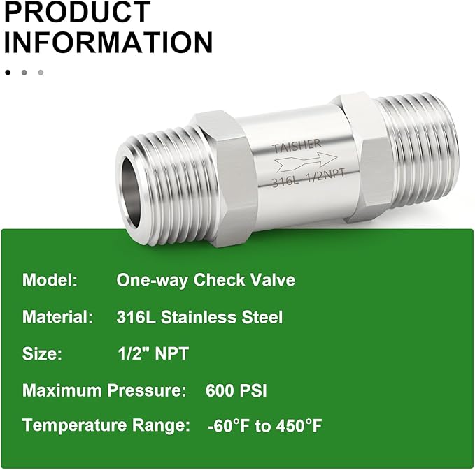 TAISHER 1PCS 316L Stainless Steel 1/2" NPT Male Check Valve,Backflow Prevention,One Way Non-Return Check Valves