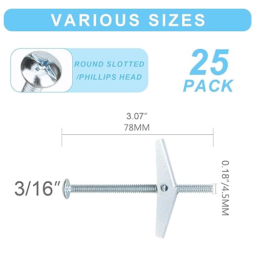 25 Pcs 3/16 Inch Heavy Duty Drywall Anchors and Screws,Toggle Bolts and Wing Nuts Set, Hollow Drywall Anchors Bolts Screws Assortment Kit for Hanging Lamps Heavy Items