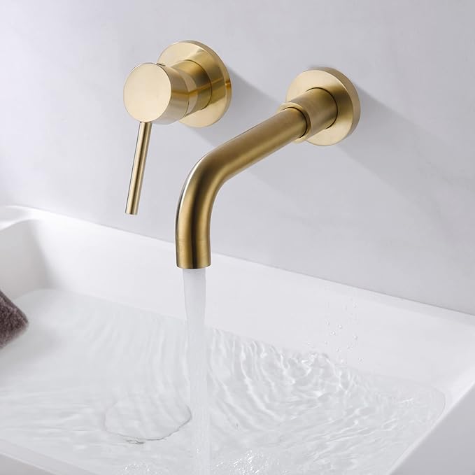 sumerain Wall Mount Bathroom Faucet Brushed Gold Lavatory Faucet, Single Left-Handed Handle