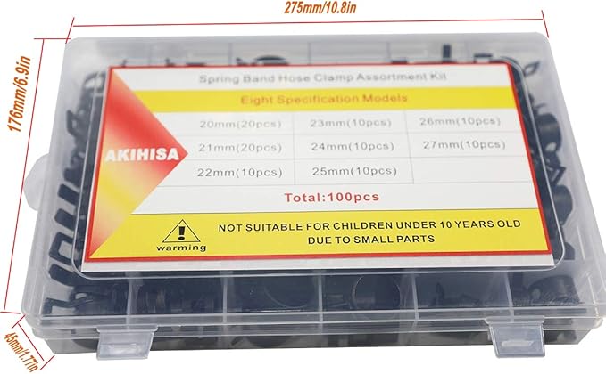 AKIHISA 100 Pcs 20-27mm Spring Hose Clamp, Spring steel 65Mn Fuel Hose Clamp, 8 sizes for Silicone Vacuum Fuel Oil Hose Line Clamps