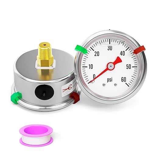 0-60psi Stainless Steel Glycerin Liquid Filled Pressure Gauge 1/8" NPT 1.5" Face Dial, Center Back Mount, for Water, Oil and Air Pressure Testing (with Range Mark Pointer)