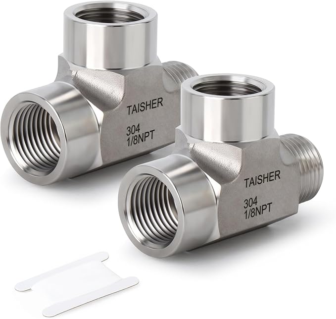 TAISHER 2PCS Forging of 304 Stainless Steel Tee Pipe Fittings, 1/8" NPT Female x 1/8" NPT Female x 1/8" NPT Male Pipe Fittings, Male Run Tee