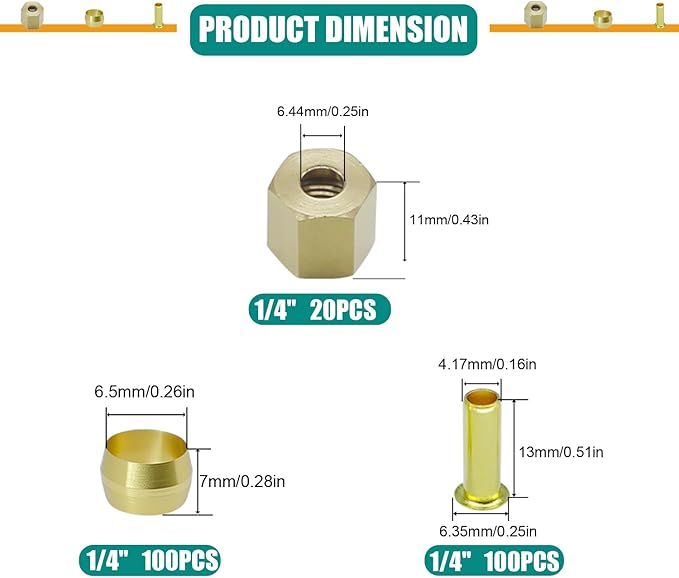 220PCS 1/4" Brass Compression Sleeves Ferrules Inserts Nuts Assortment Kit for Air Water Fuel Oil Line Connection and Inert Gases