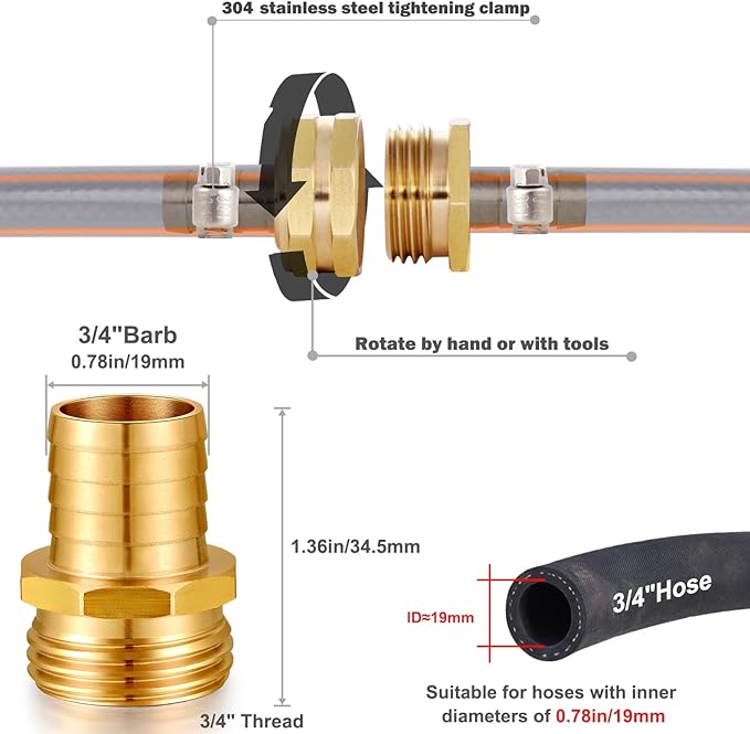 Solid Brass Garden Hose Repair kit Connector with Stainless Steel Clamps, Male Adapter/Female Garden Hose Swivel Fitting… (3/4" Barb x 3/4" Male -2 Sets)
