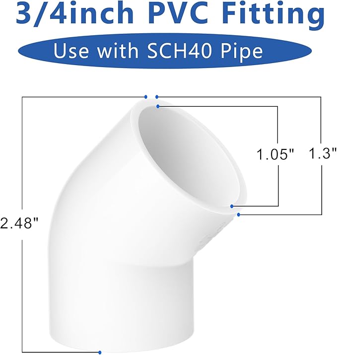 3/4 Inch PVC Fittings Elbow 45 Degree 2-Way 14-Pack, PVC Pipe Fitting Connector for Building Furniture, DIY Corner Elbow Fitting for Pipe Connections, Greenhouse, Shed and Tent Connection, Pool