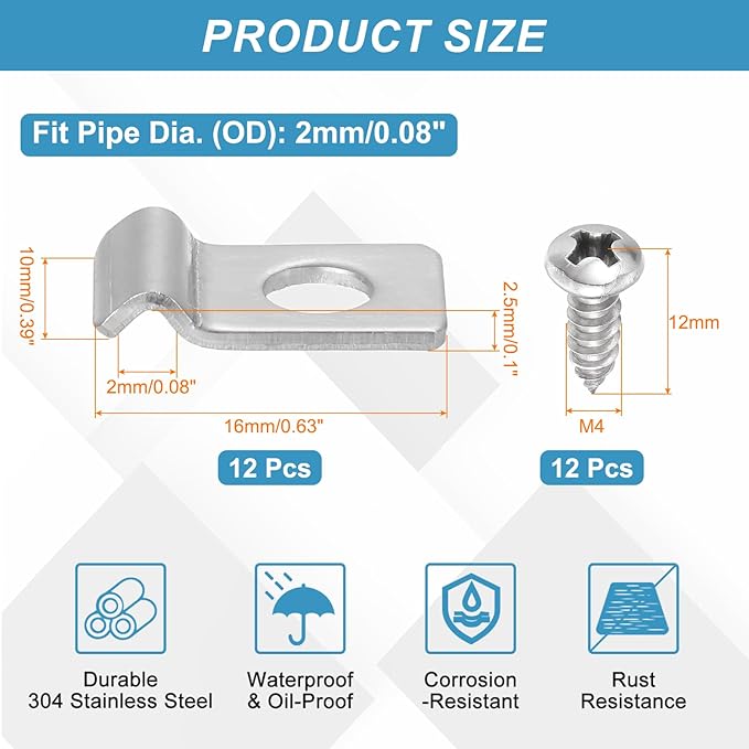 uxcell 12Pcs 2mm(1/16") One Hole Rigid Pipe Strap, 304 Stainless Steel Conduit Clamp Thicken U Bracket Heavy Duty Pipe Clamp with Self-Tapping Screws for Fixing Tube Cable, Silver