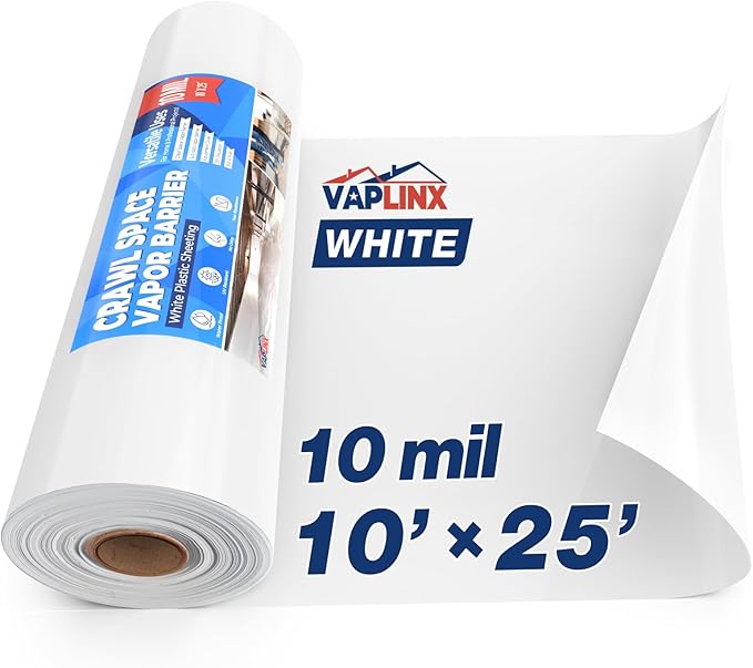 White Crawl Space Vapor Barrier, 10 Mil Vapor Barrier, 10' x 25', Heavy Duty Polyethylene Film, Thick Plastic Sheeting, Plastic Drop Cloth Covering for Crawlspace, Basement, White