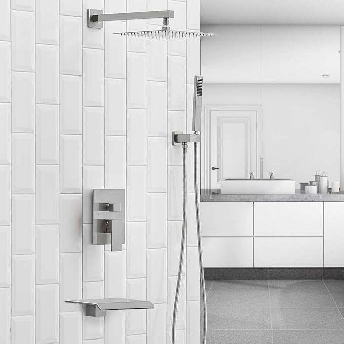BWE Shower System with Waterfall Tub Spout Shower Faucet Set 10 Inch Square Brushed Nickel Rain Shower Head Bathroom Luxury Wall Mounted Shower Combo Set Rough-in Valve Body and Trim Included