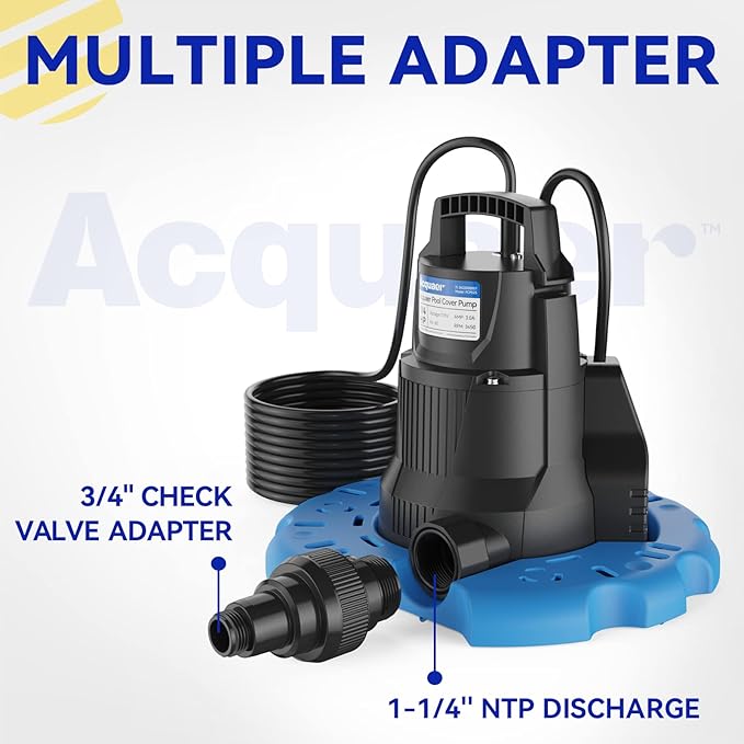 Acquaer 1/3 HP Automatic Swimming Pool Cover Pump, 2950 GPH Submersible water pump with 3/4” Check Valve Adapter & 25ft Power Cord, Water Removal for Pool, Hot Tubs, Rooftops, Water Beds and more