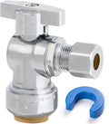 Angle Stop Valve, 1/2" PTC x 3/8" OD Compression, Toilet Water Shut Off Valve for PEX, Copper, CPVC Pipe, Quarter-Turn Push to Connect Brass Plumbing Fitting with Disconnect Clip, 1 Pack