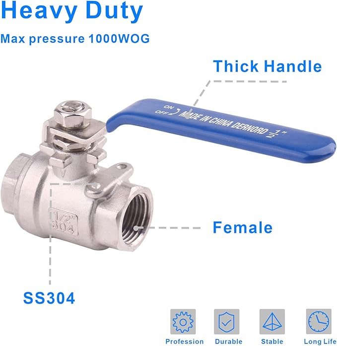 DERNORD Full Port Ball Valve Stainless Steel 304 Heavy Duty for Water, Oil, and Gas with Blue Locking Handles (1/2" NPT)