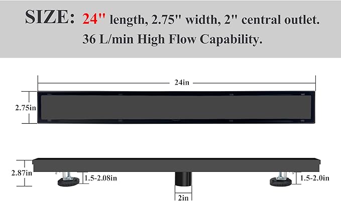 24 Inch Linear Shower Drain Black Floor Drain with Removable SUS304 Stainless Steel CUPC Certificate and 2-in-1 Tile Insert Grate Cover
