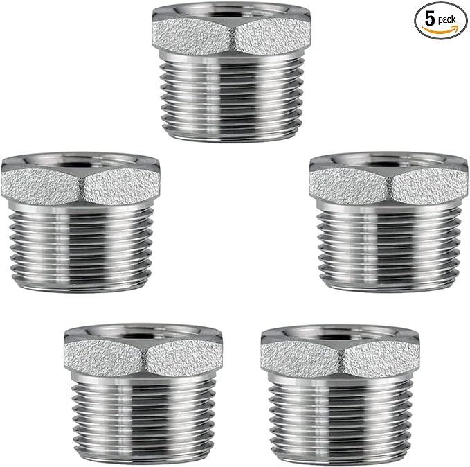 Stainless Steel 3/4" Male NPT to 1/8" Female NPT Reducer Hex Bushing Pipe Fitting Adapter (pack of 5)