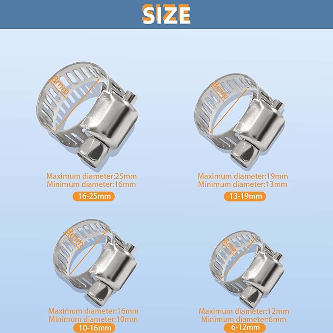 Hose Clamp-20pcs Stainless Steel Hose Clamps Adjustable 1/4''-7/16''(6-12mm) Worm Gear Hose Clamp,Metal Fuel Line Pipe Clamp for Fuel Line,Plumbing,Mechanical Applications,Radiators,Garden etc.