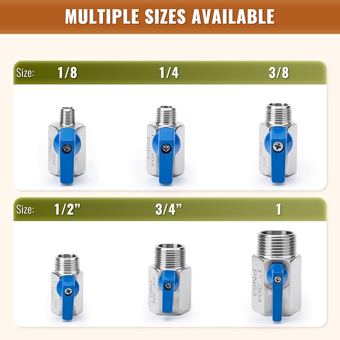 2 Pack 1/8" Mini Ball Valve, 304 Stainless Steel Valve NPT Female x Male Thread Shut-Off Valves for Small Compact Space (2, 1/8 Inch)