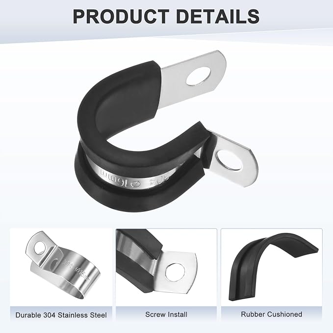 25-Pack Cable Clamps, 5/8 inch/ 16 mm 304 Stainless Steel Rubber Cushioned Insulated Cable Clamp R Shape Metal Holder for Tube/Wire/Pipe/Loop Installation