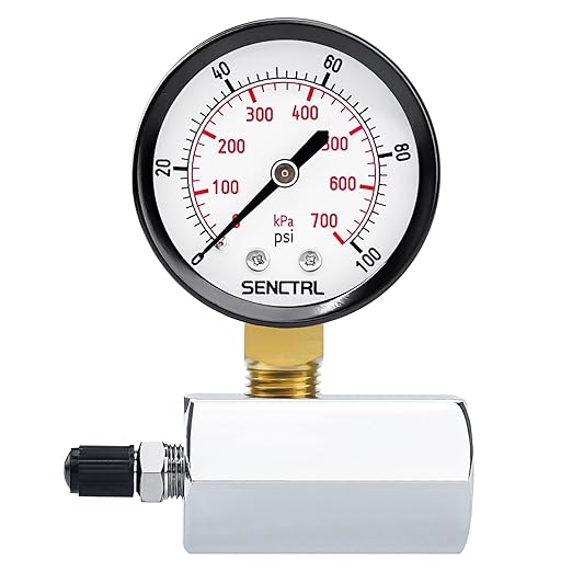 SENCTRL 0-100 Psi Gas Pressure Test Gauge, 2" Dial Size, 3/4" FNPT Connection, Brass Valve, Chrome Plated Steel Body Assembly