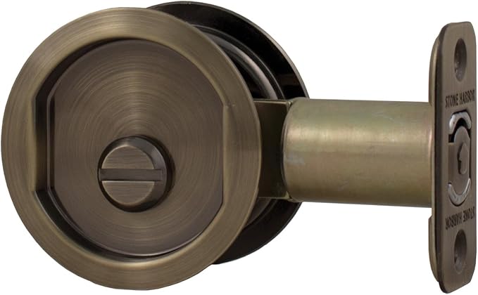Stone Harbor Hardware Round Pocket Door Lock, Privacy Function, 2-3/8" Backset, Antique Brass
