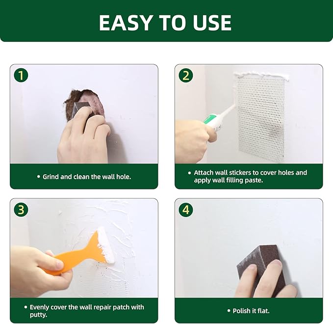 Drywall Repair Kit | 250g Safe Wall Mending Agent | 6pcs Wall Patches | Reusable Frosted Block | Scrapers | Easy Hole Filling for Aluminum, Metal, Plaster, Sheetrock & Ceiling