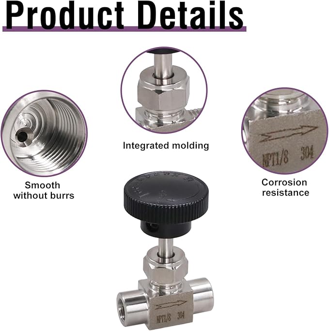 Needle Valve 1/8 NPT Gas Flow Control Valve Stainless Steel Female Thread for Water/Oil, 1PC