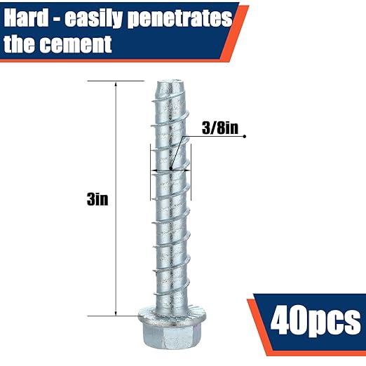 Tandefio 40 Pack 3/8" x 3" Concrete Screw Anchor Galvanized Large Diameter Heavy Duty Plated Concrete Anchors for Masonry Brick Anchoring Block Decking Framing Hex Drive