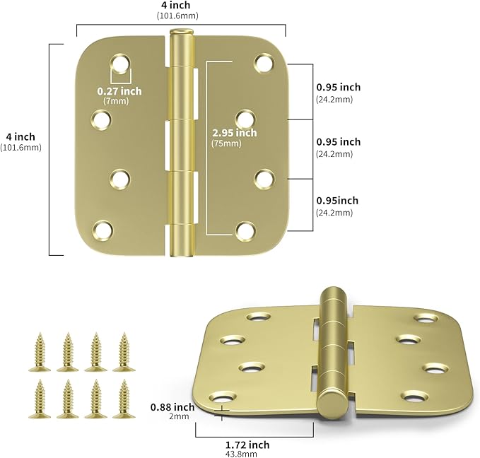 goldenwarm 6 Pack Satin Brass Residential Heavy Duty Iron Door Hinges, 4 Inch x 4 Inch Interior and Exterior Gold Door Hinges with 5/8" Radius Corners