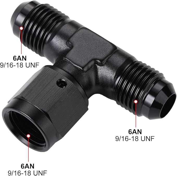 6AN Male Flare Tee T Fitting Adapter with AN6 Female Swivel On Side Aluminum Black