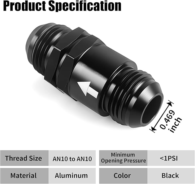 AN10 One Way Non Return Check Valve 10AN to AN10 Male Flare Inline Fitting Aluminum Black 2PCS