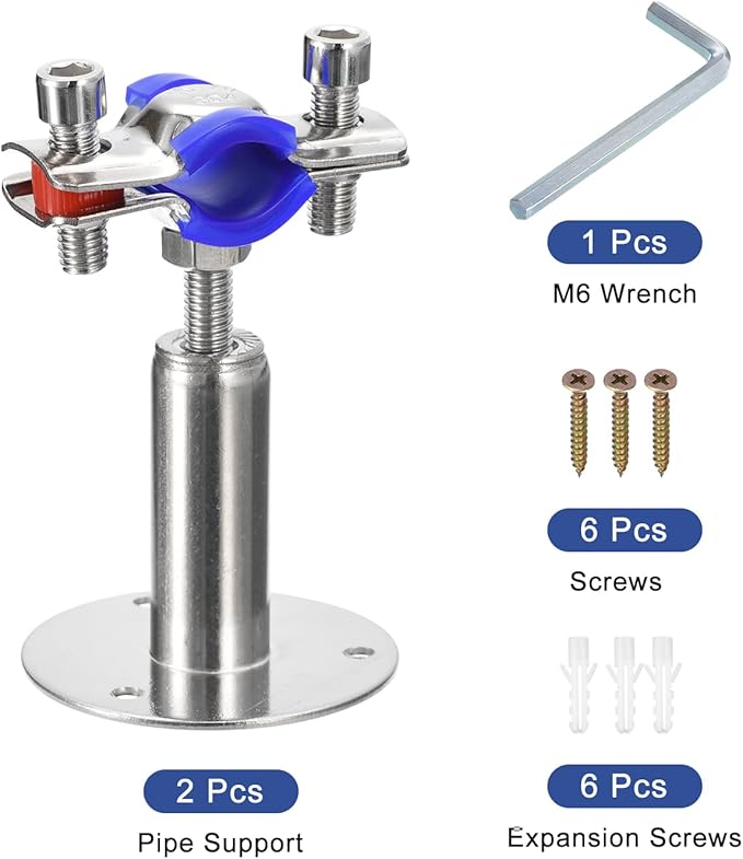 uxcell 2Pcs Stainless Steel Pipe Supports Wall Mount Ceiling Mount Pipe Bracket Adjustable Clamp Pipe Strap Fit for Dia 15-19mm Pipe Tube