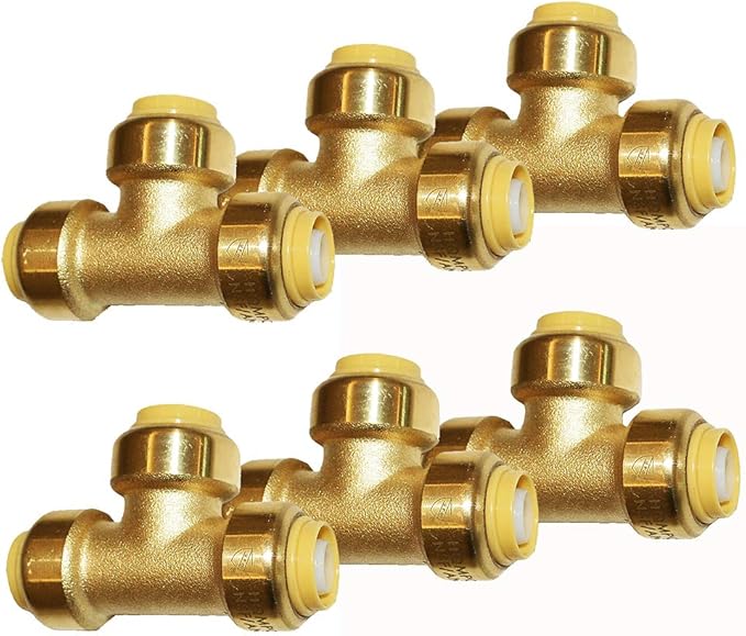 HQMPC 1/2" Pex Fitting Pex Tee 6pcs Push Fit Plumbing Tee, Push-to-Connect Plumbing Fittings, Brass Pipe Connector T Fittings for Copper, PEX, CPVC, No Pb (6, 1/2 Inch)